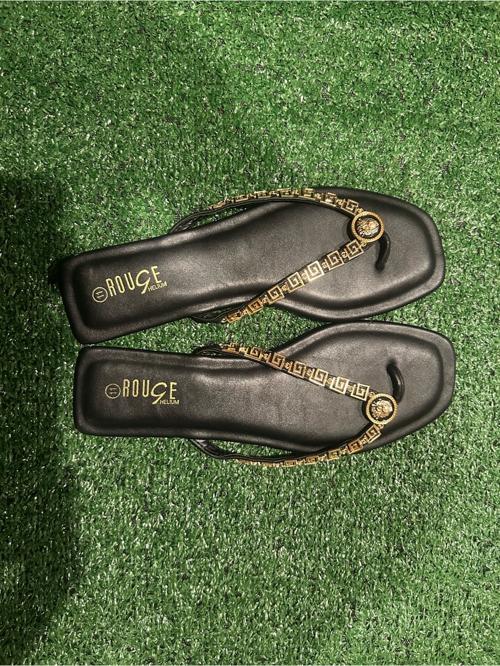 Rouge Helium Black Sandals with Gold Chain Accent